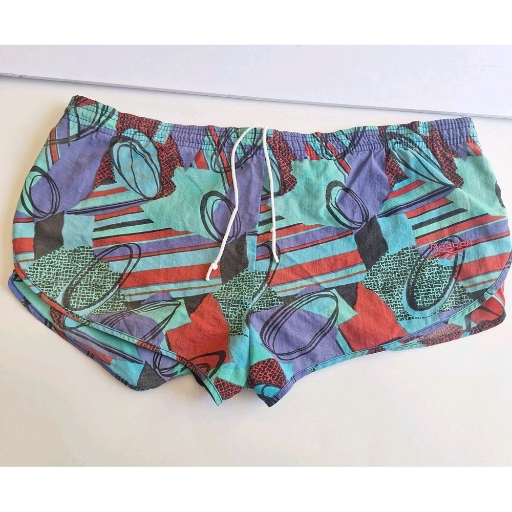 Reebok Vintage Swim Shorts Medium Y2K Multicolor Graphic Vaporwave Trunks USA